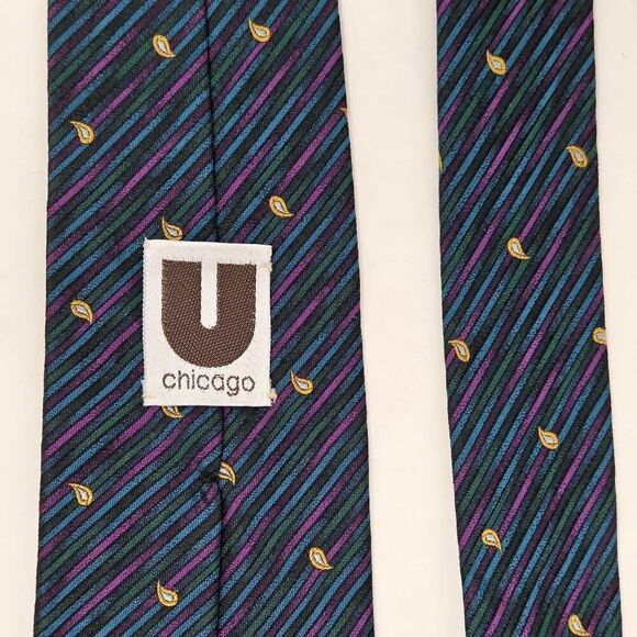 U CHICAGO SILK TIE GREEN PURPLE PAISLEY POLKA DOT STRIPE SATIN TEXTURED 3" X 54" - Picture 3 of 4